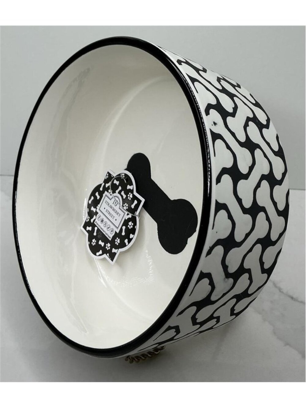 10 Strawberry Street Pet Bowl Black Bone Embossed Ceramic New